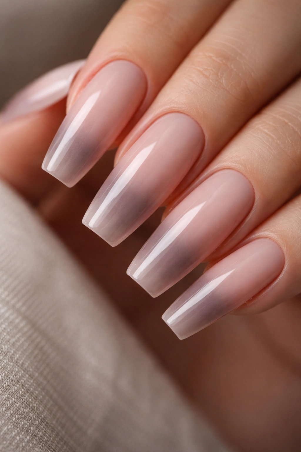 Coffin-shaped nails with a smooth ombre gradient from pale base to darker tip