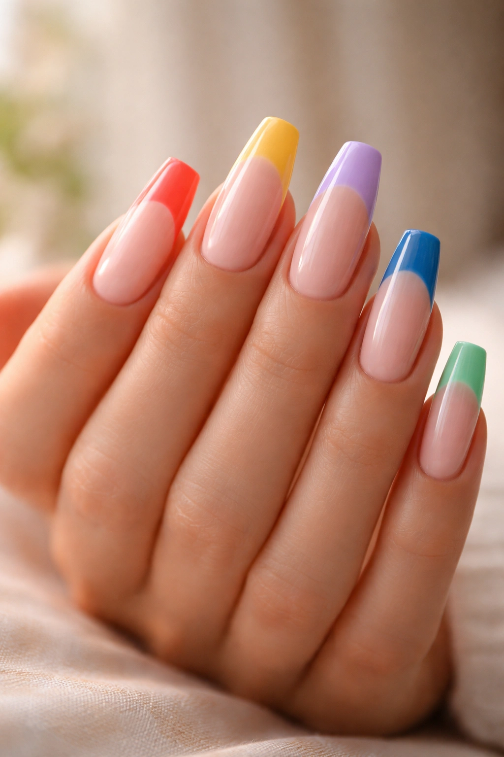 Coffin nails on tapered square shape showing varied tip colors