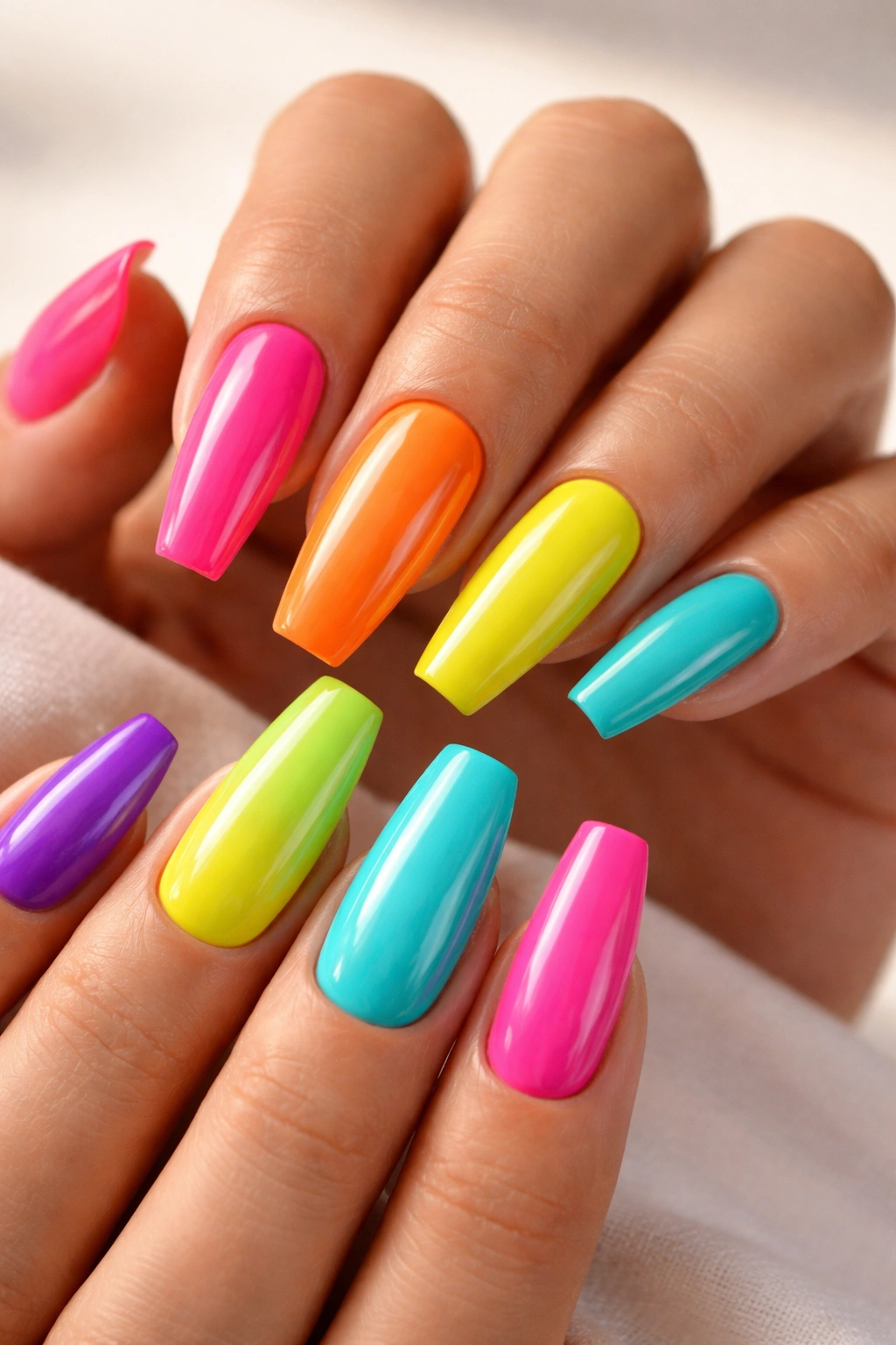 Close-up of colorful coffin nails with glossy finishes on a neutral studio backdrop