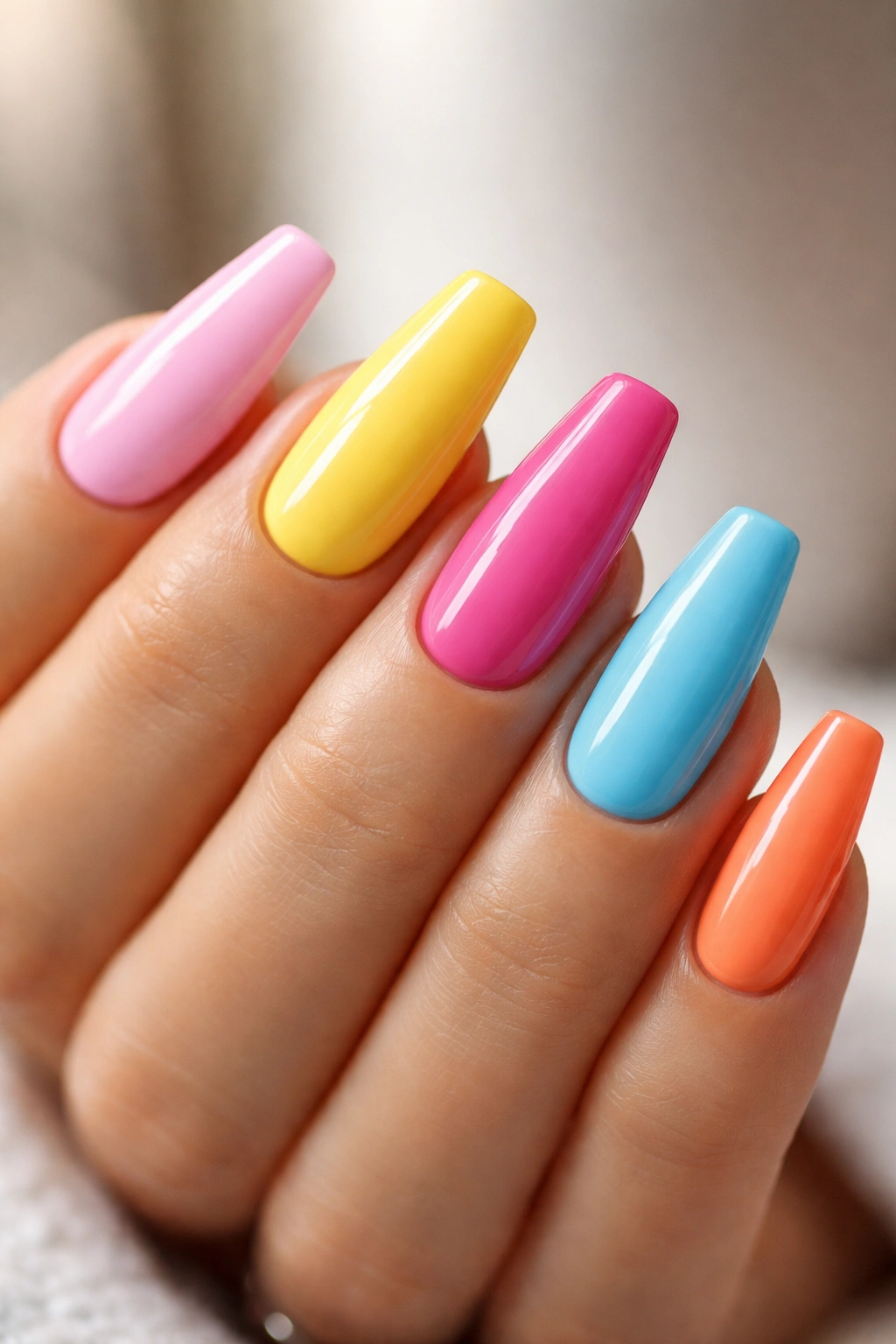 Close-up of short to medium ballerina nails with clean geometry and glossy finish
