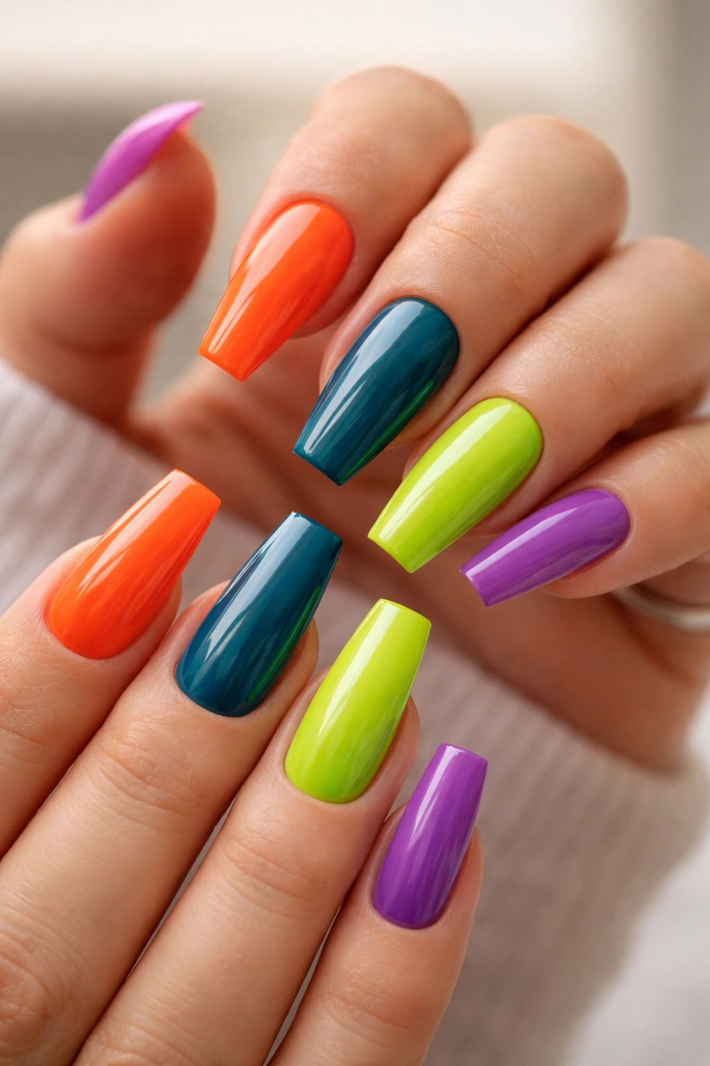 Close-up of colorful ballerina nails with neon colors and crisp edges