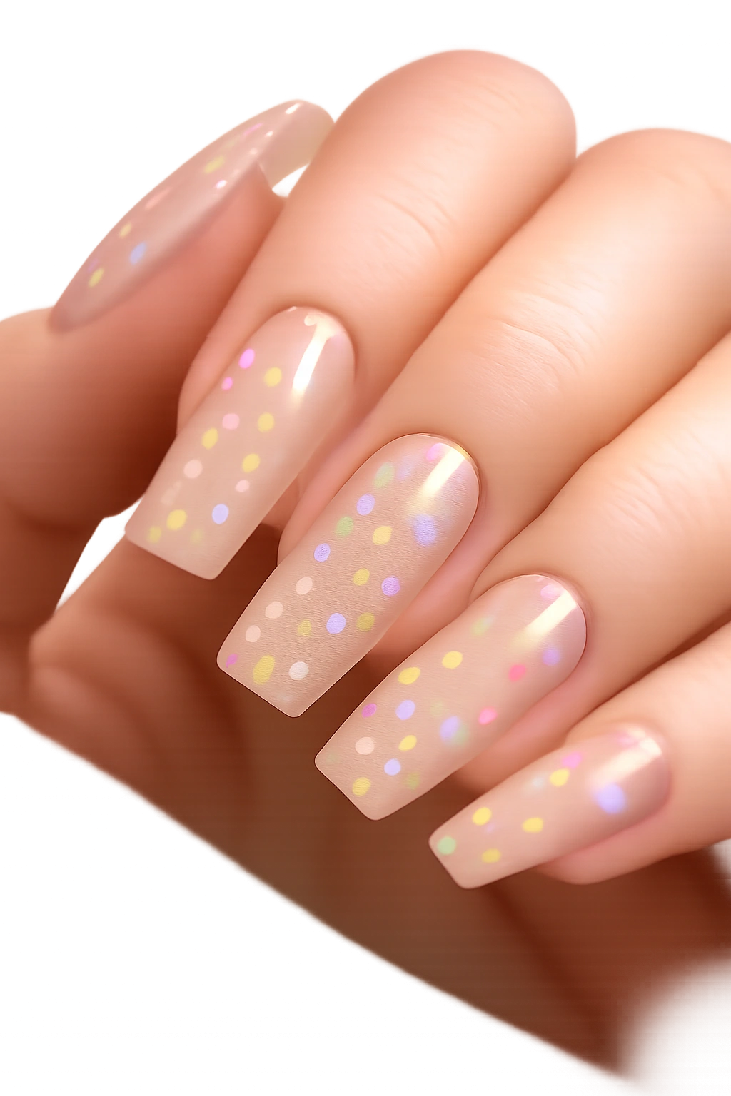 Clear-based coffin nails with tiny floating confetti dots and glossy finish