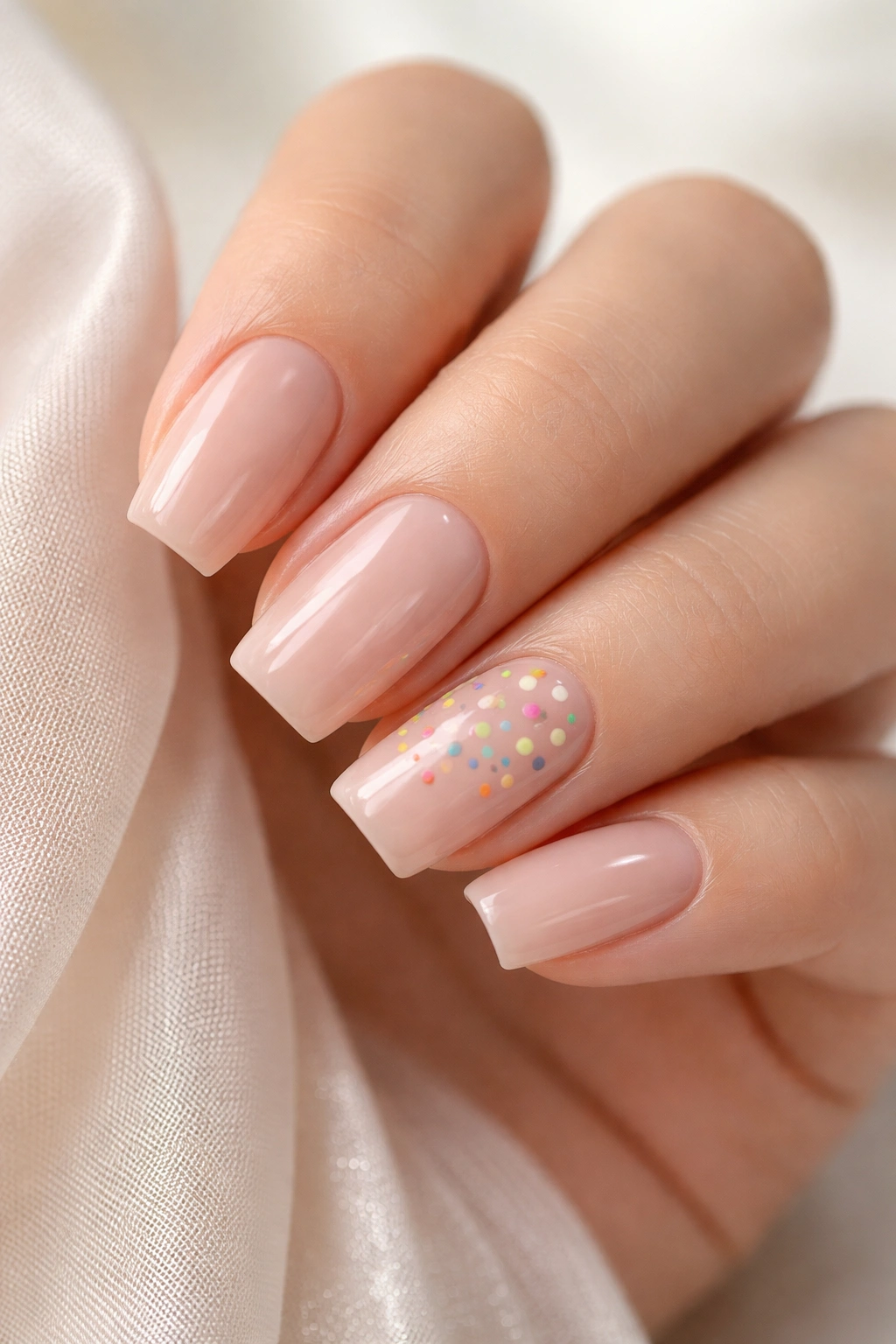 Short coffin nails with confetti dot accents on sheer nude base