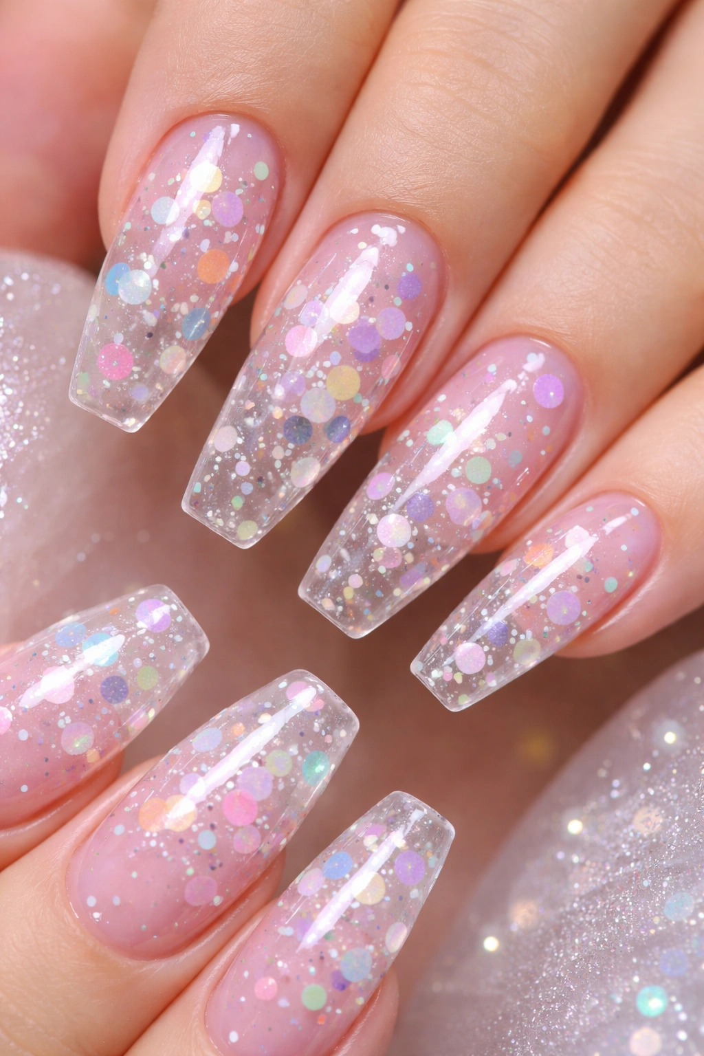 Close-up of confetti jelly coffin nails with floating glitter dots