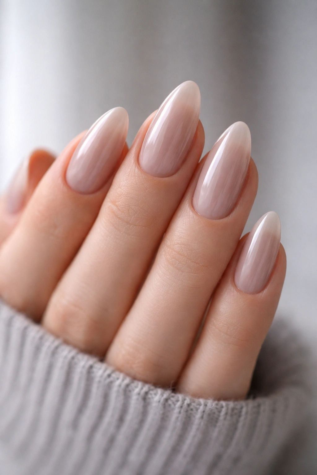 Close-up of almond nails in cool beige nude with a glossy top coat