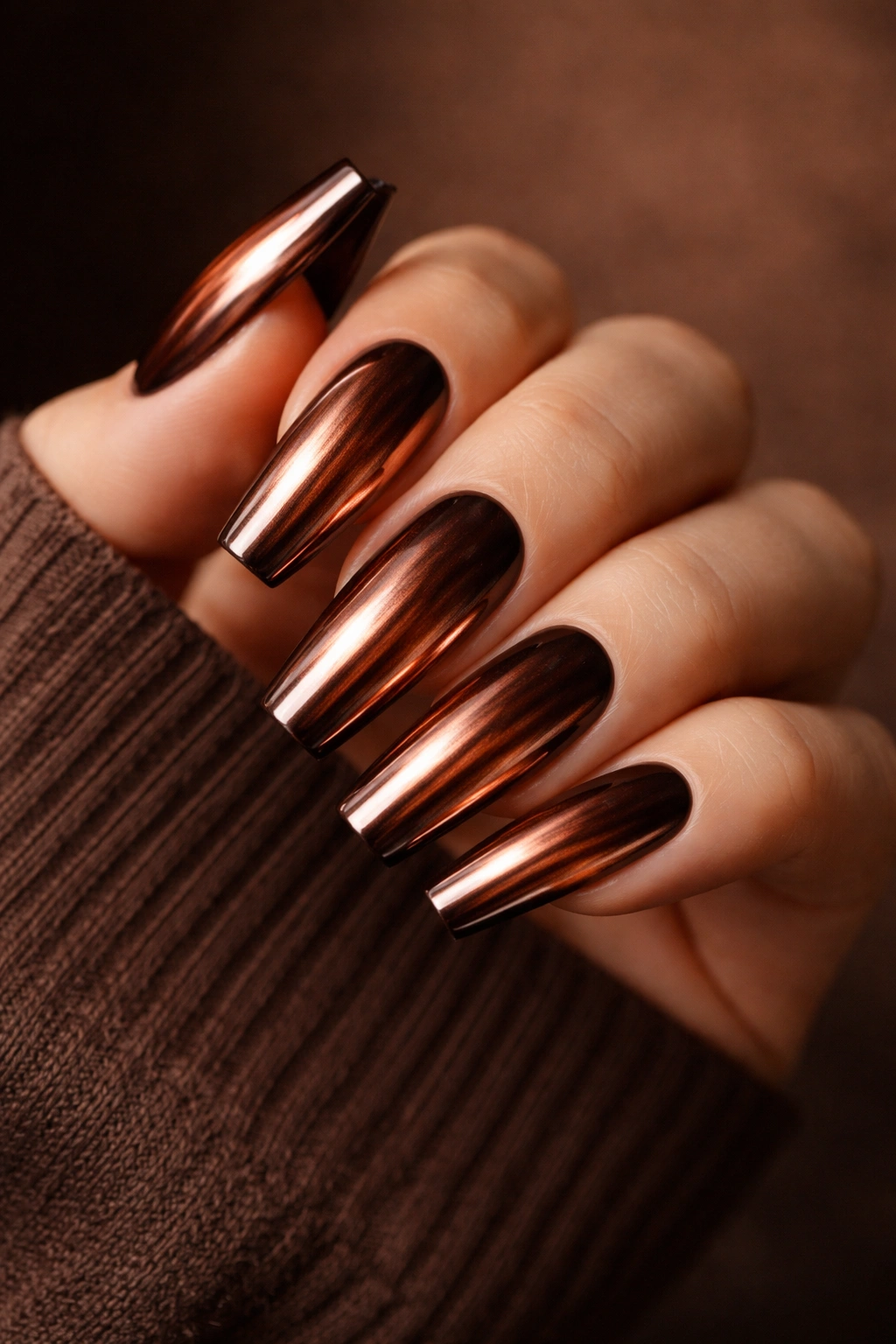 Copper chrome nails on espresso base with deep warm undertones