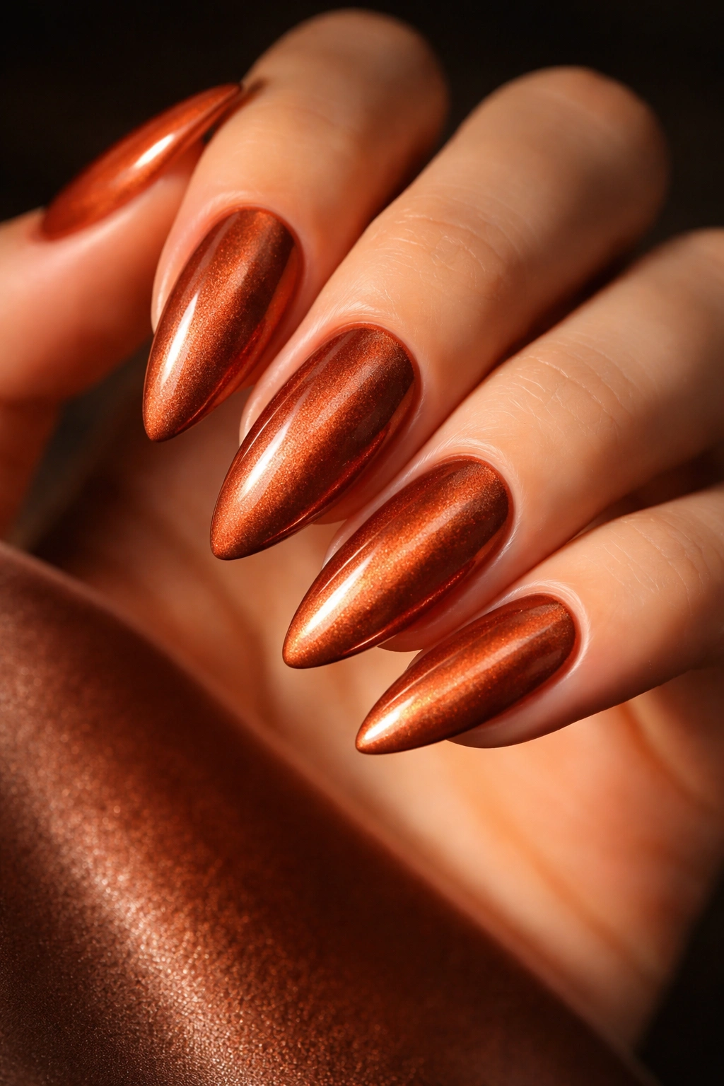 Almond nails with copper velvet magnetic shimmer