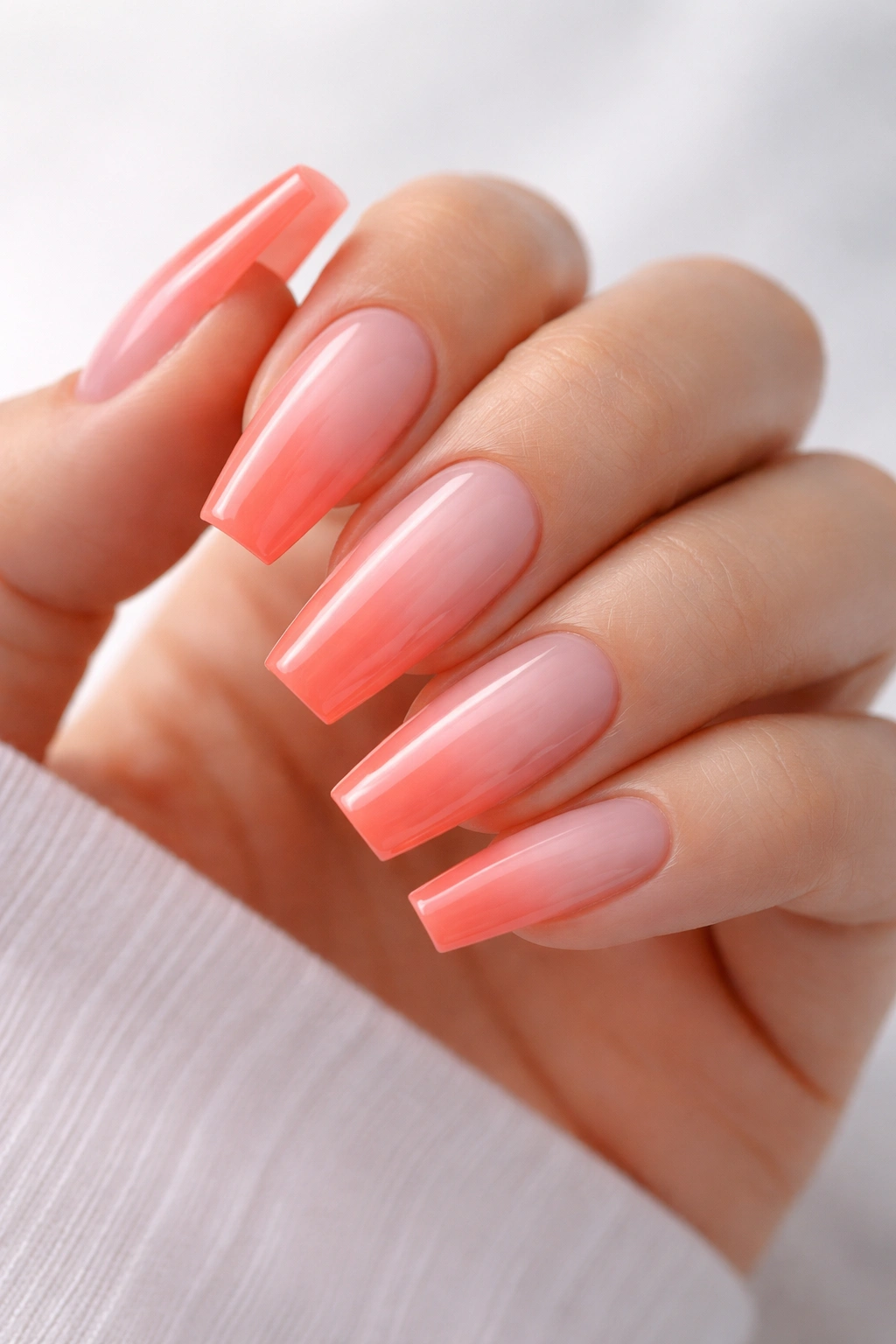 Close-up of coral to sheer pink coffin nails with glossy gradient