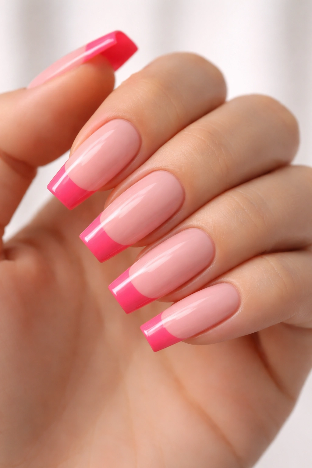 Coffin nails cover pink base with hot pink straight-edge tips