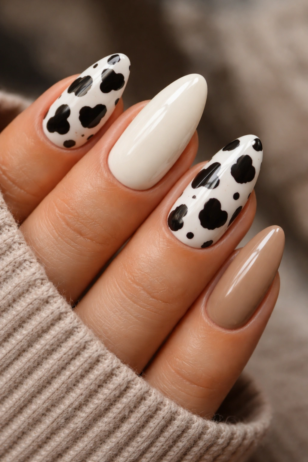 Close-up of almond nails with irregular cow print on white base