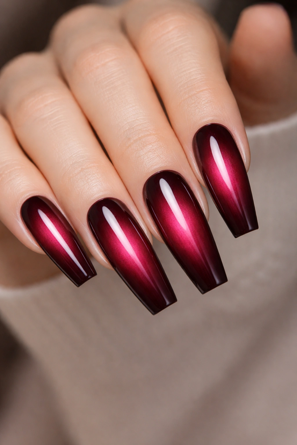 Cranberry aura nails with dark edges and glowing center