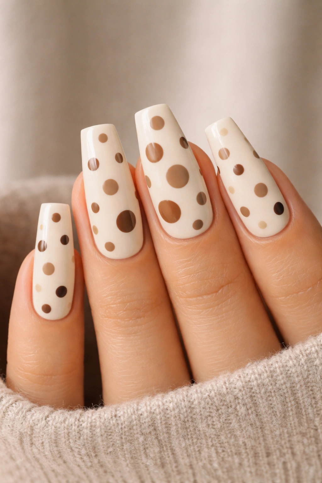 Close-up of cream coffin nails with brown-tonal dots.