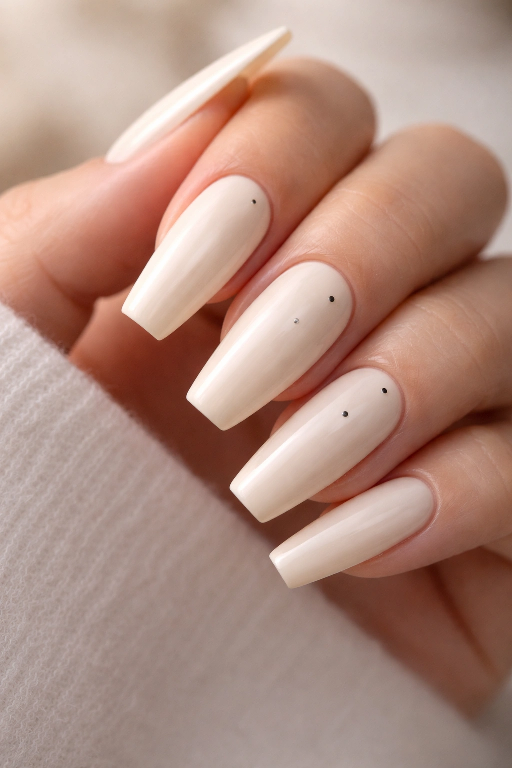 Close-up of cream coffin nails with tiny black micro dots