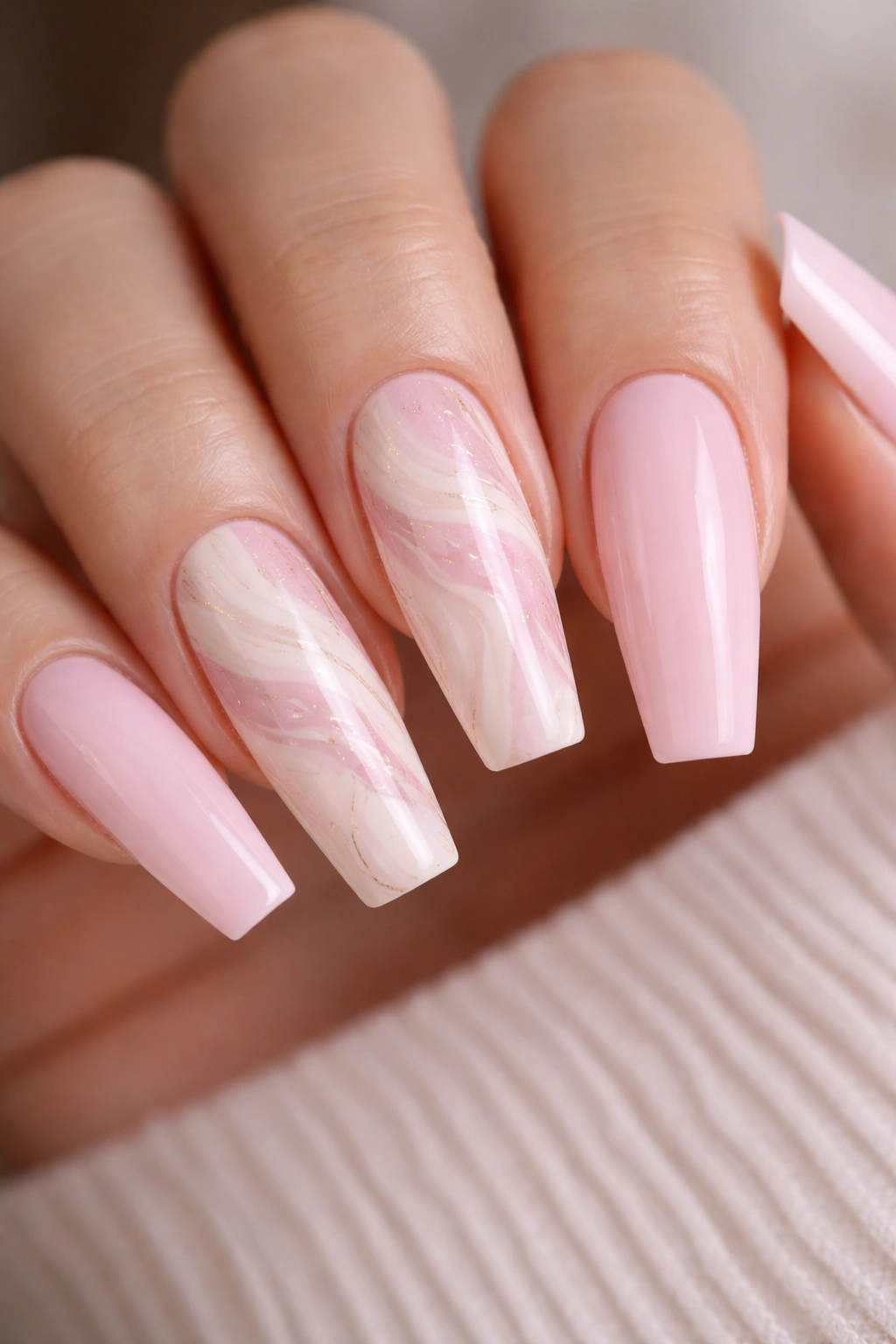 Close-up of coffin nails with cream and baby pink marble swirls