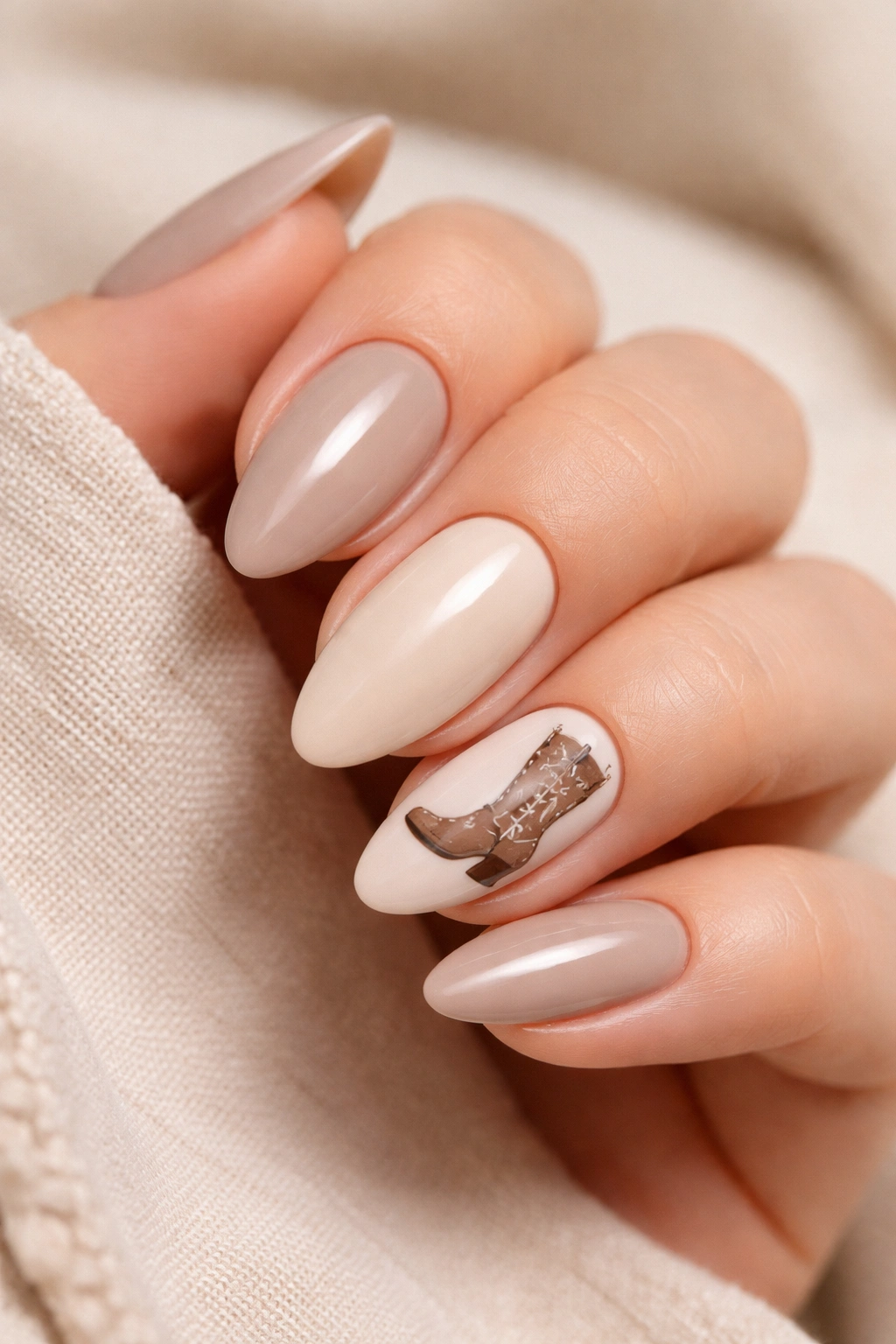 Close-up of almond nails with a tiny cowboy boot accent on the ring finger