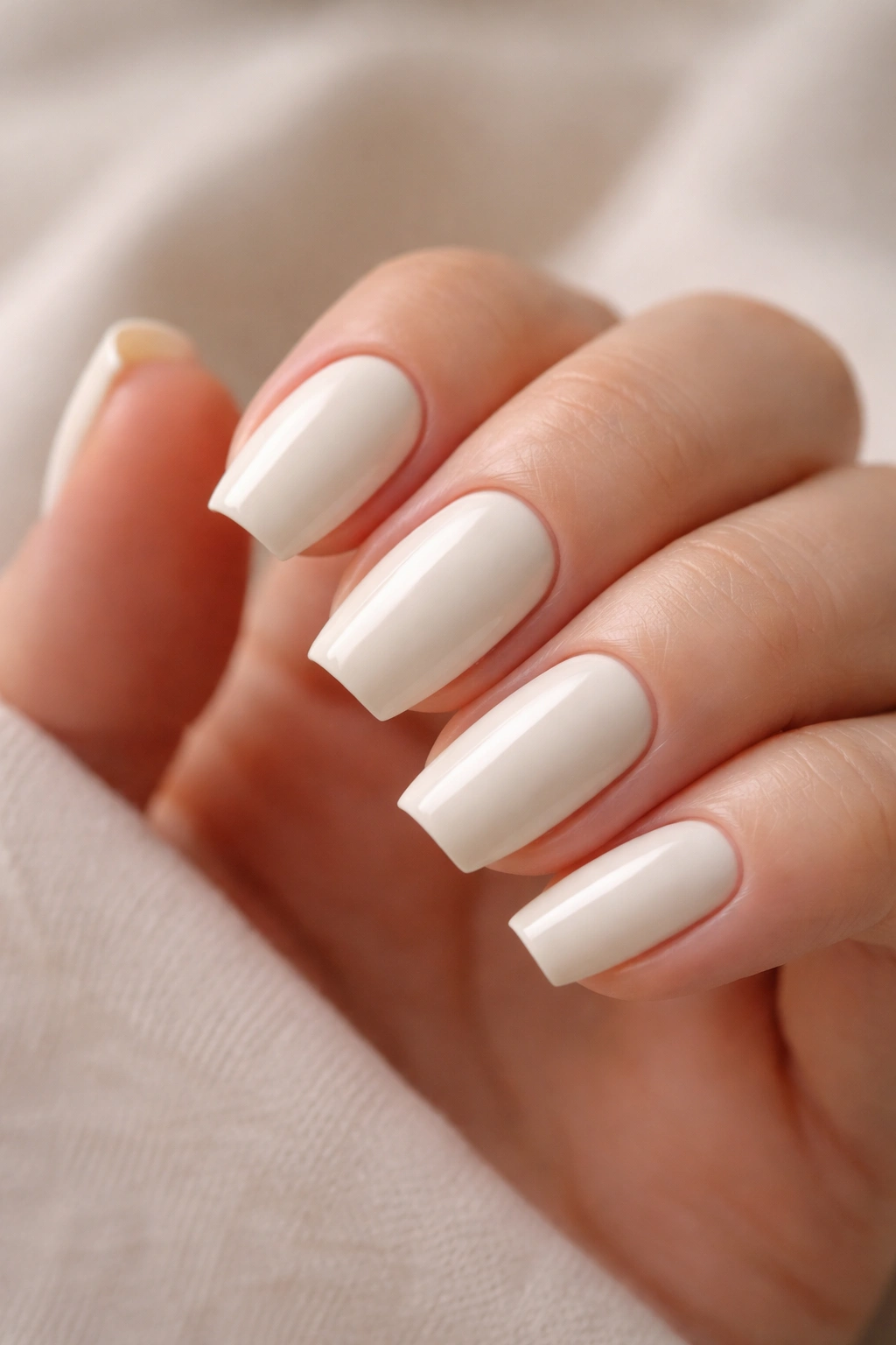 Close-up of creamy white coffin nails on short nail shape