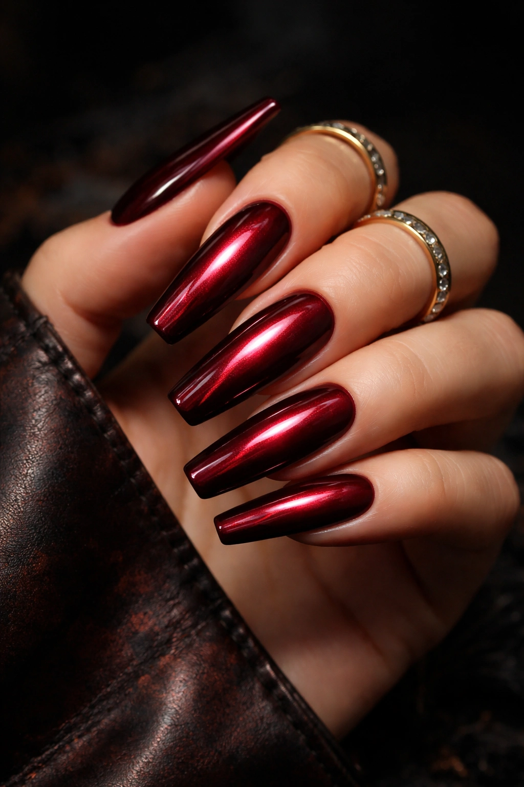 Moody close-up of crimson cat-eye coffin nails with red chrome