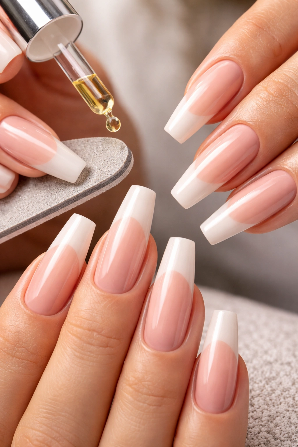 Close-up of hands with long coffin nails crisp between fills