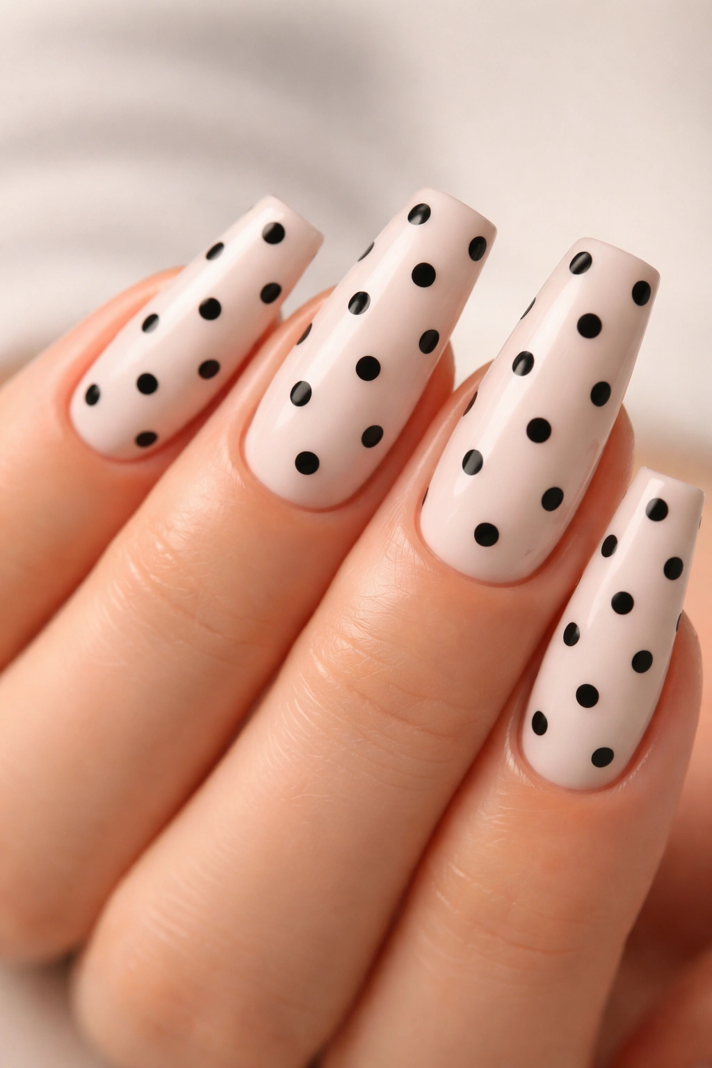 Close-up of crisp polka dot coffin nails on pale base