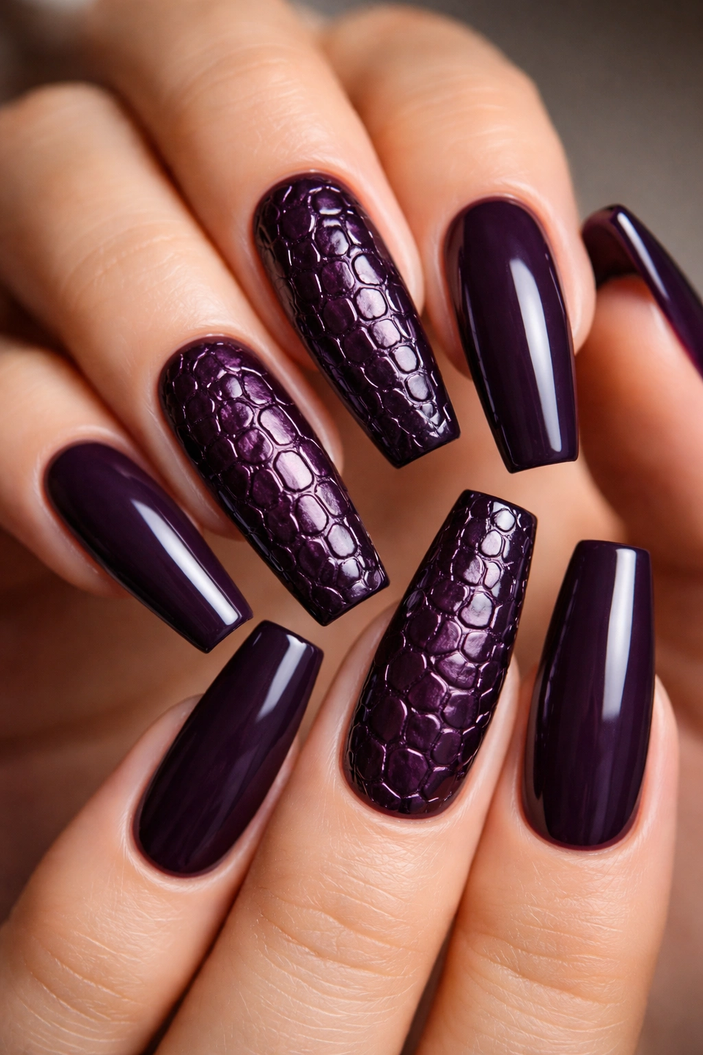 Eggplant purple croc texture nails on coffin shape
