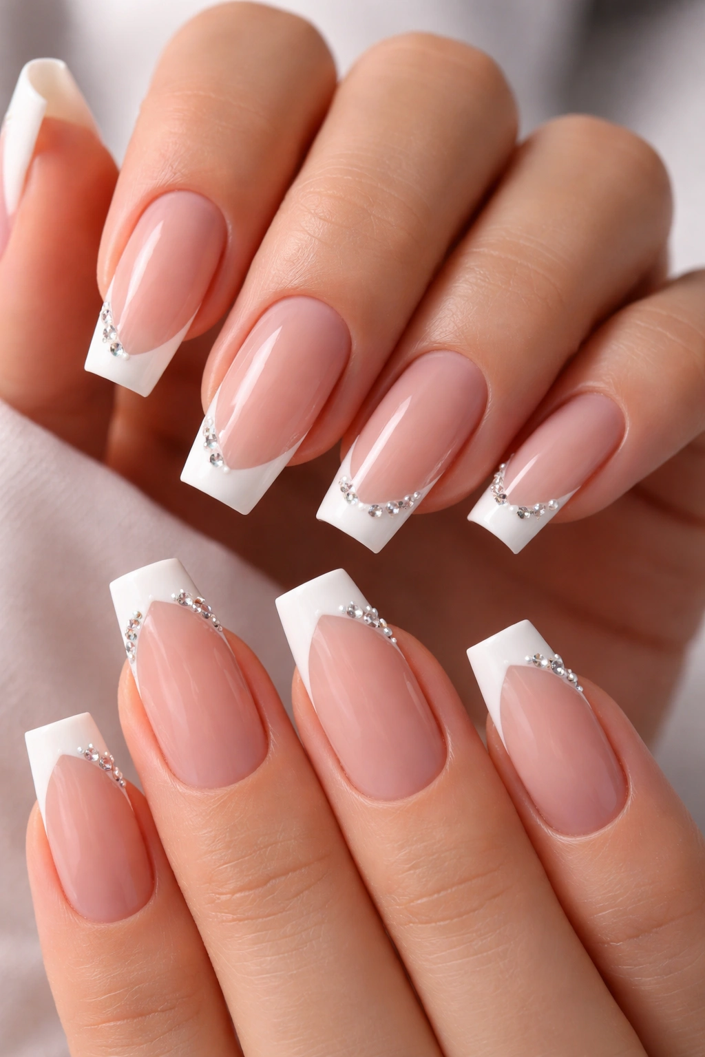 Close-up of coffin nails with crystals at the French corners on one side.