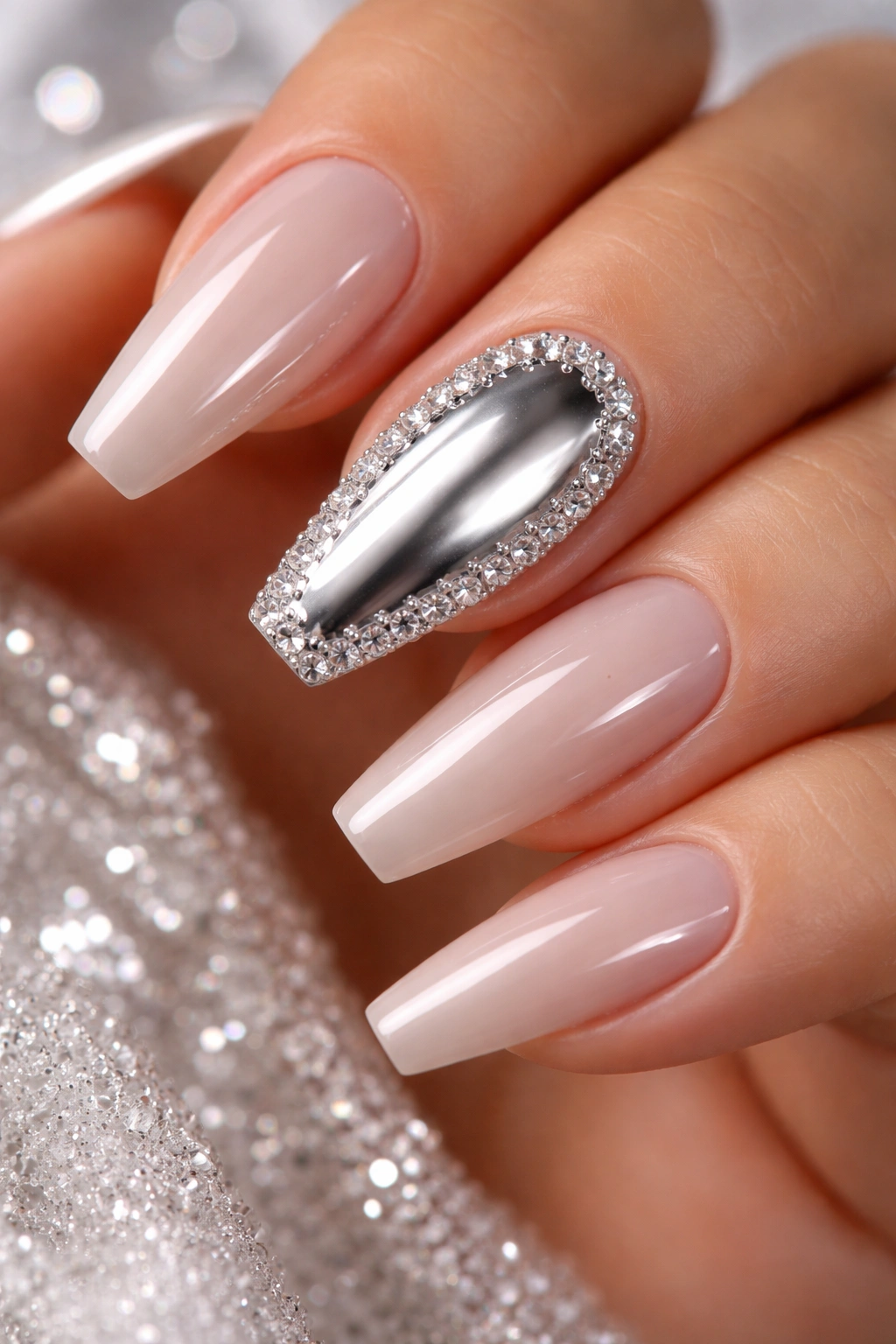 Close-up of a crystal-framed silver chrome accent nail