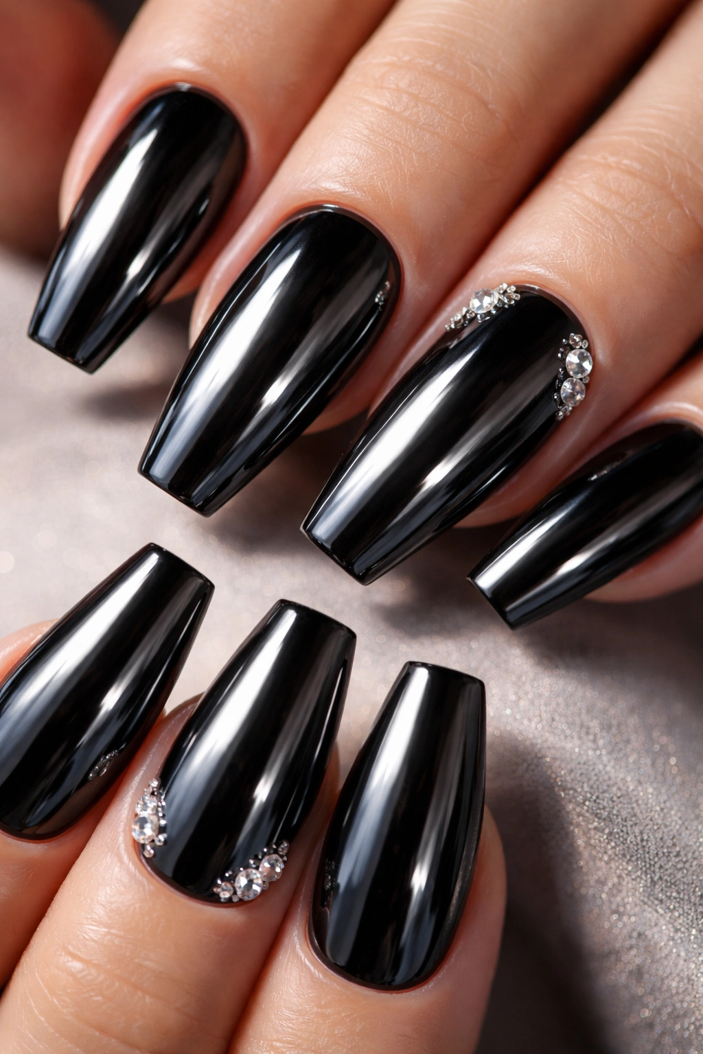 Coffin nails with tiny crystal corners on black chrome set