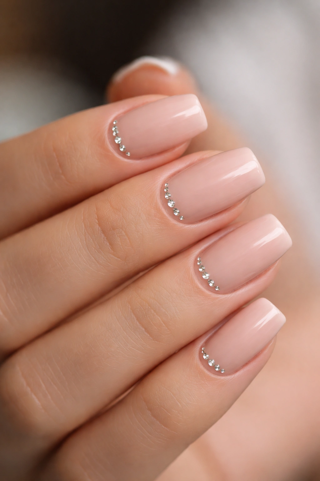 Short coffin nails with tiny crystal accents at the cuticle