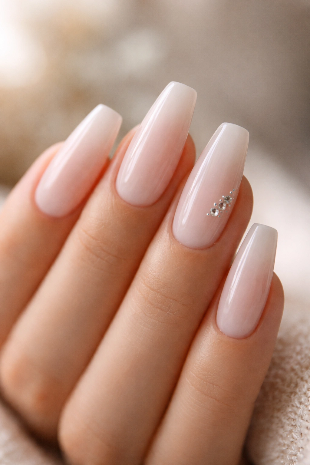 Close-up of baby crystal bubble bath coffin nails with small crystals at the cuticle.