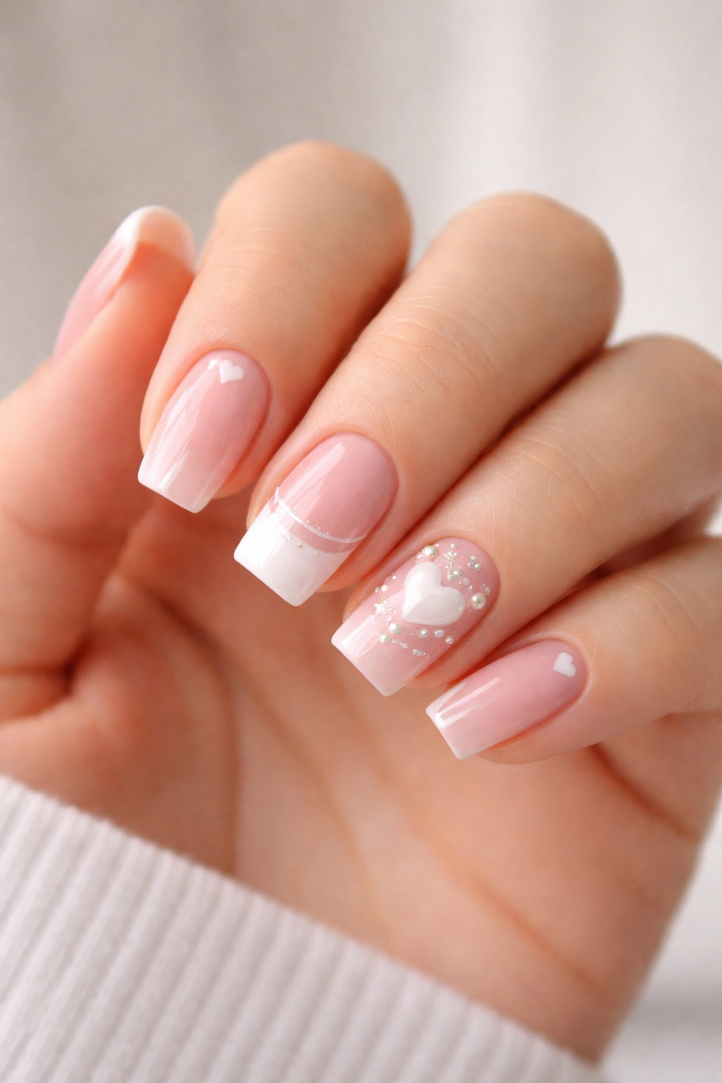 Close-up of short coffin nails with neat taper and flat tips on a hand.