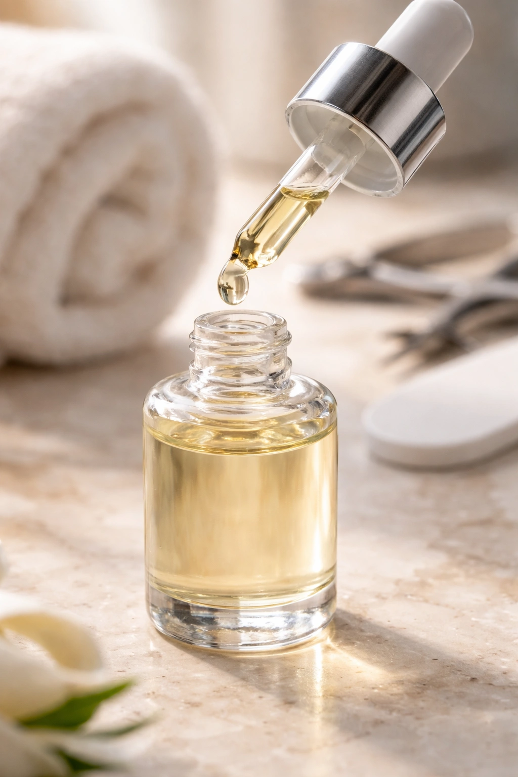 Close-up of a glass cuticle oil bottle with a droplet on a neutral studio surface