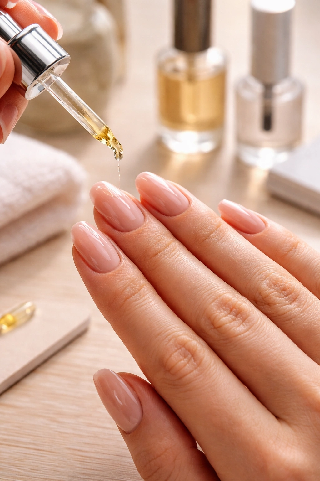 Hands applying cuticle oil to short coffin nails with glossy topcoat
