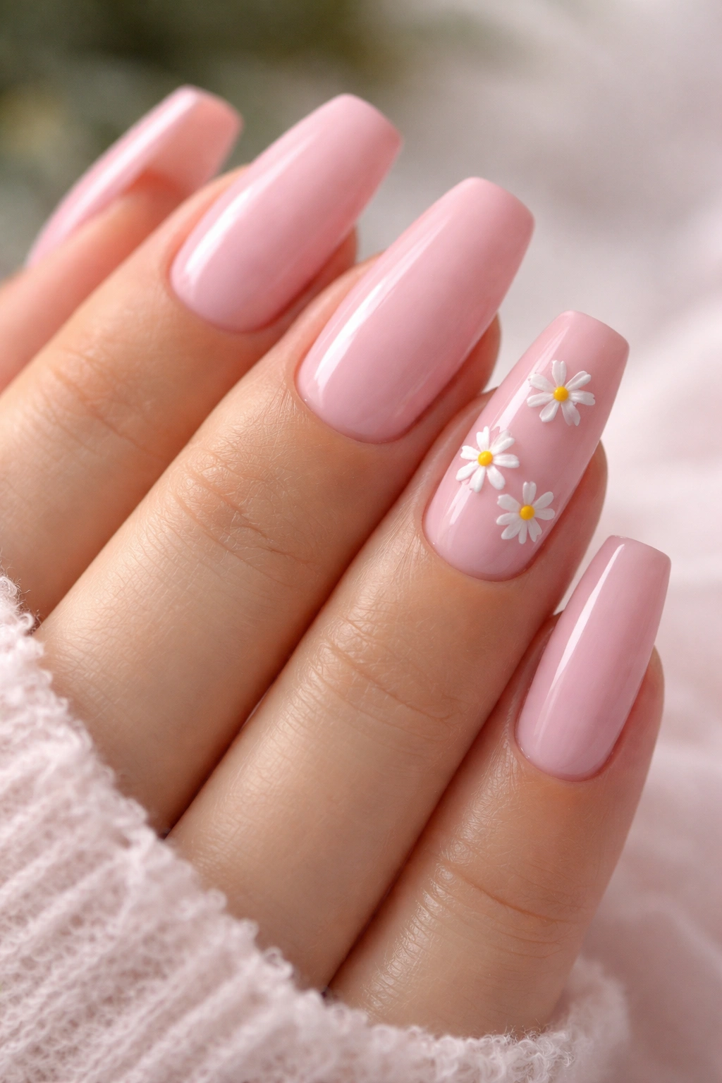Close-up of coffin nails with hand-painted white daisies on baby pink base