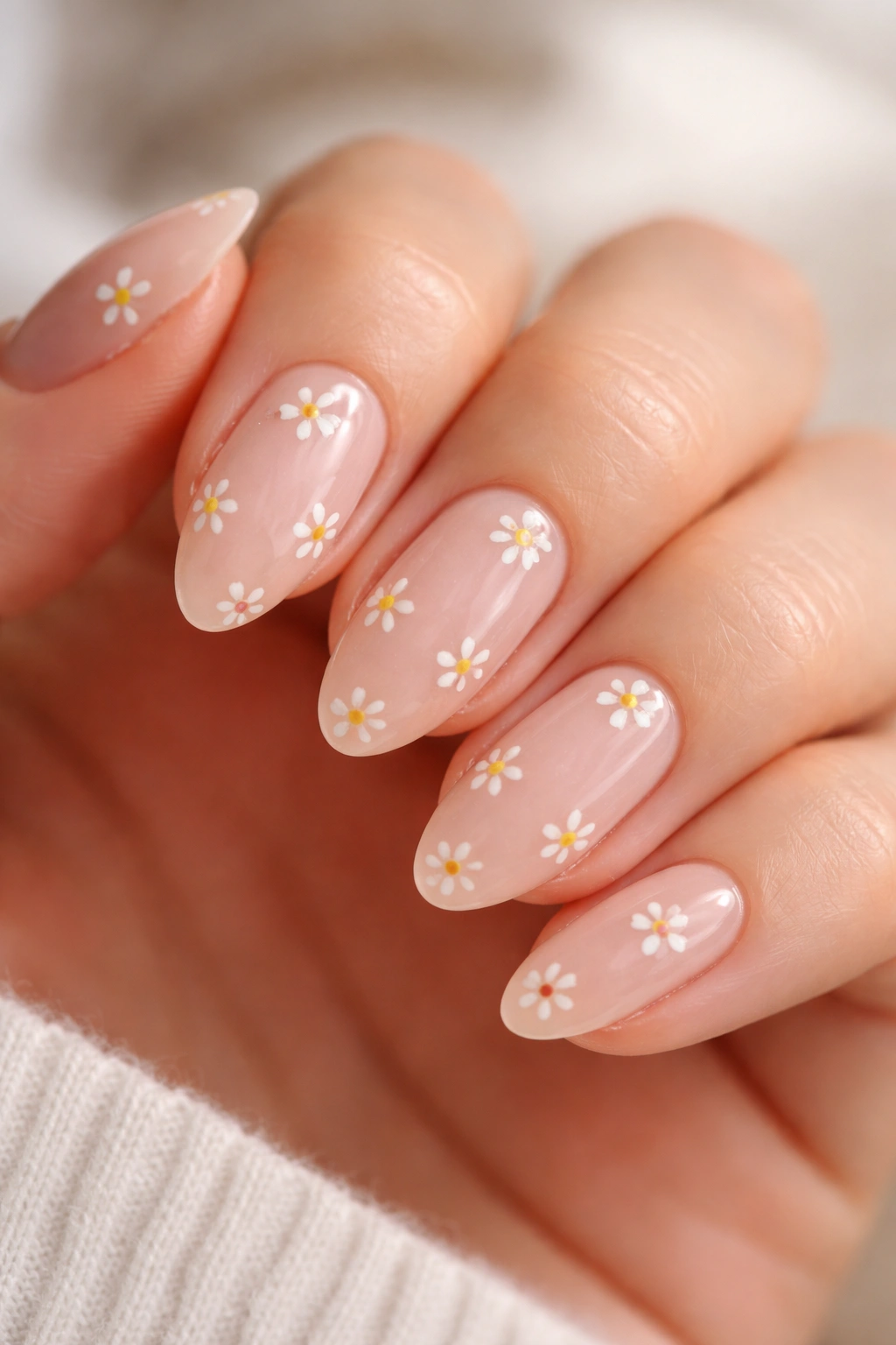Almond nails with tiny white daisy art on sheer nude base