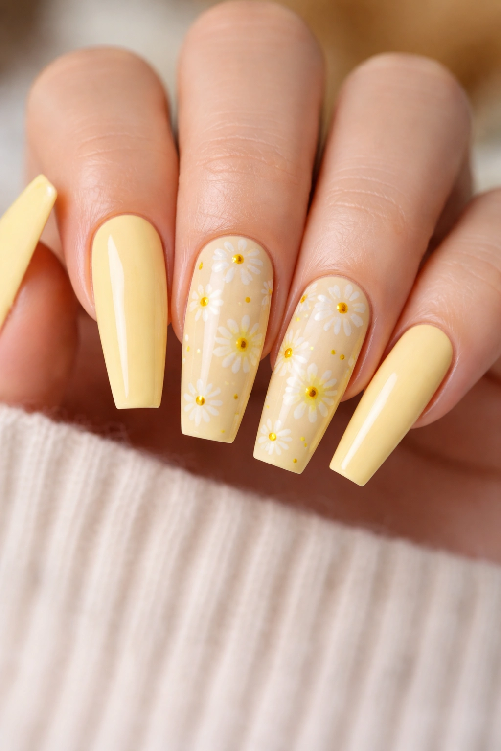 Dainty daisy yellow coffin nails with white flower accents on two nails