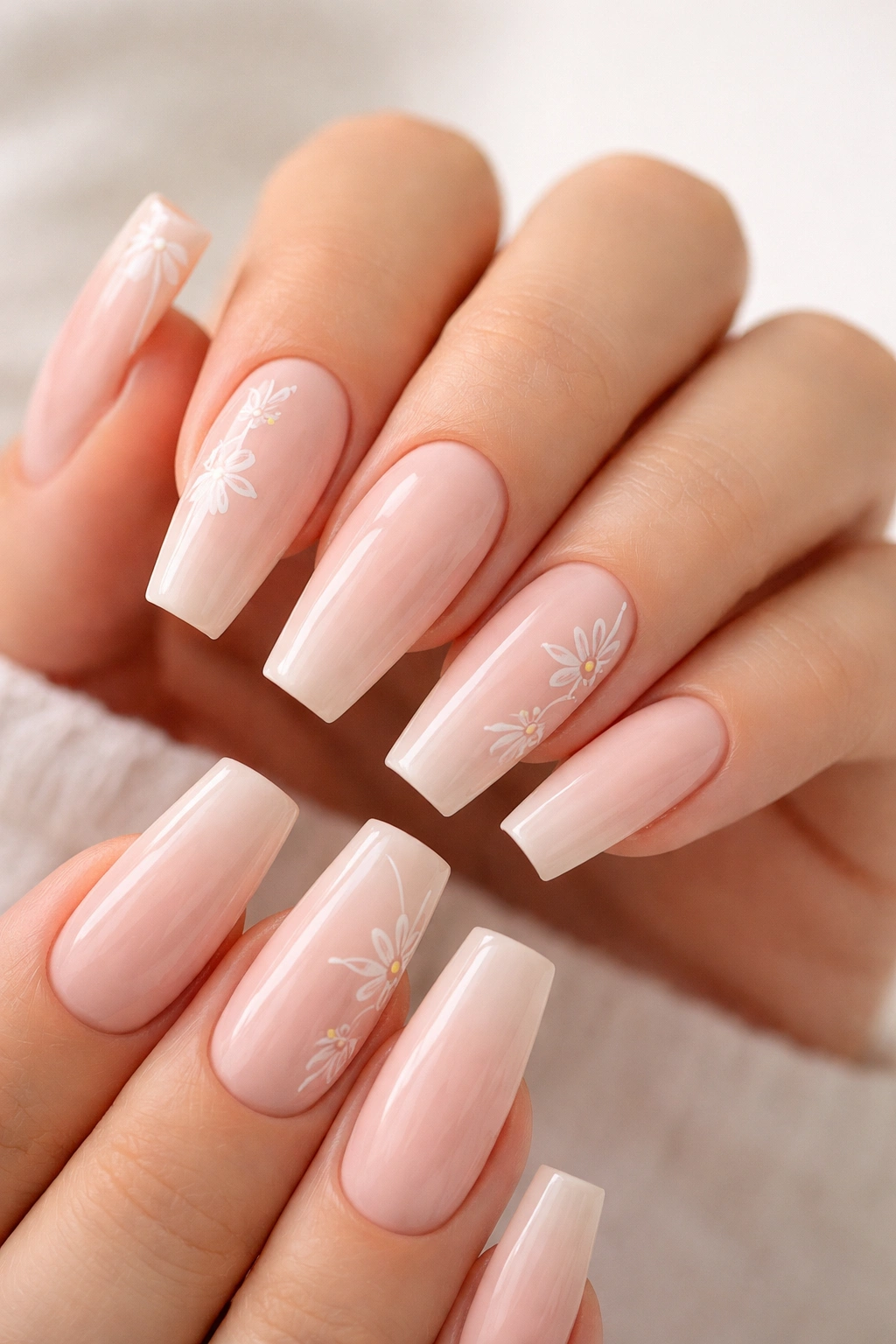 Daisy-outline coffin nails on a soft nude base with airy outlined petals