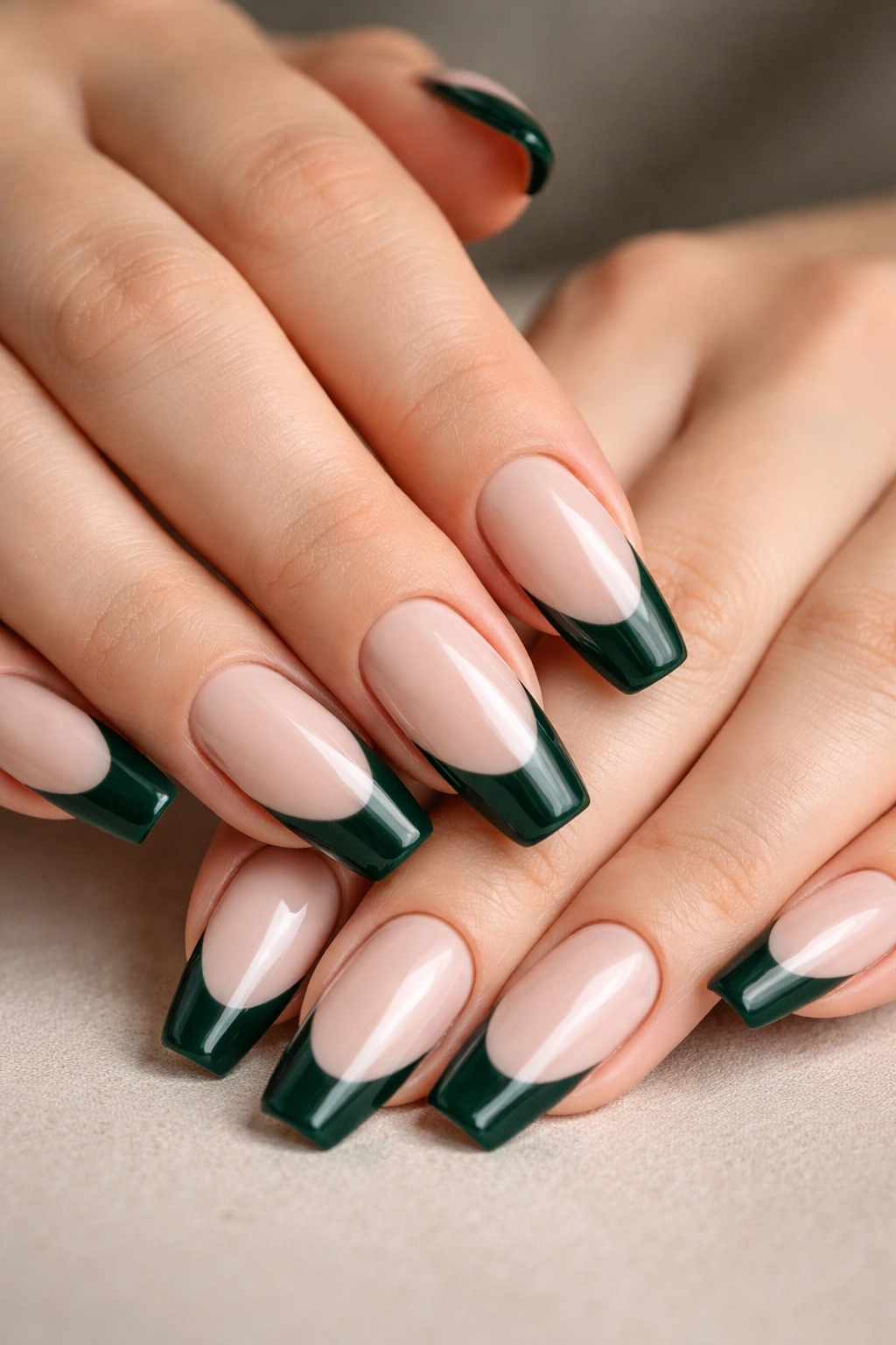 Close-up of dark green French tips on a milky nude coffin nail, crisp line and glossy finish