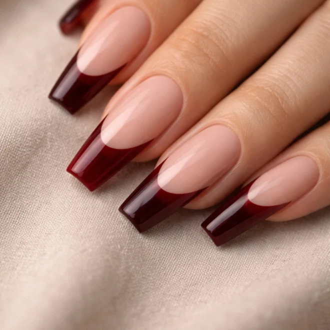 12 Dark Red French Tip Coffin Nails