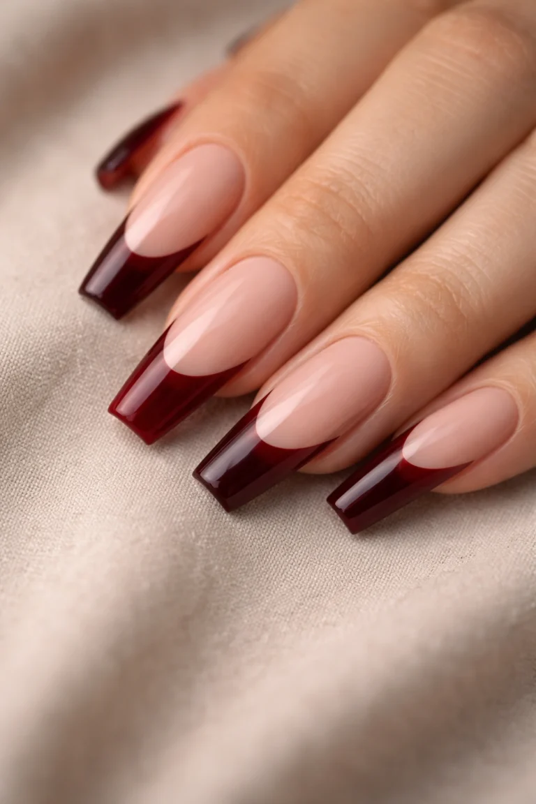12 Dark Red French Tip Coffin Nails