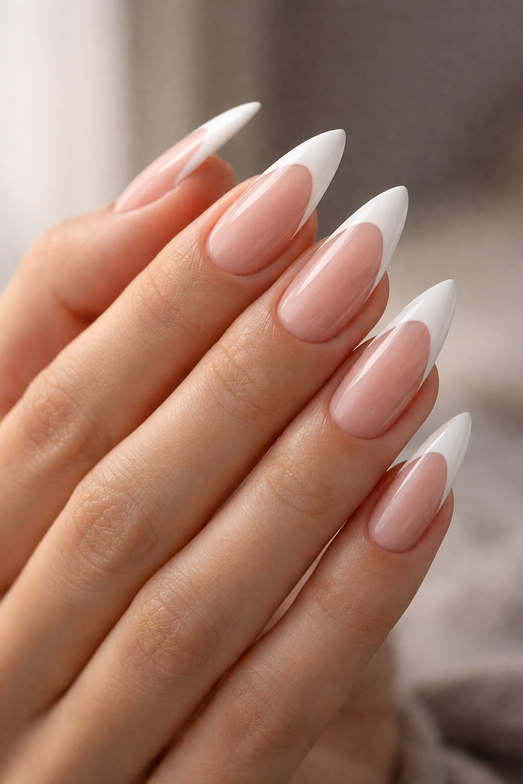 Almond nails with deep curved white French tip on nude base