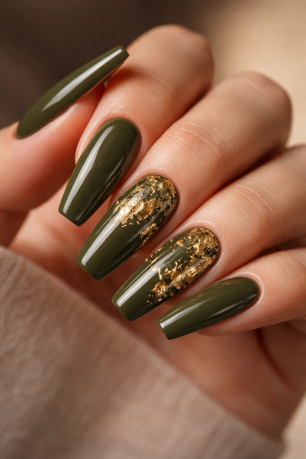 Deep olive coffin nails with gold foil accents