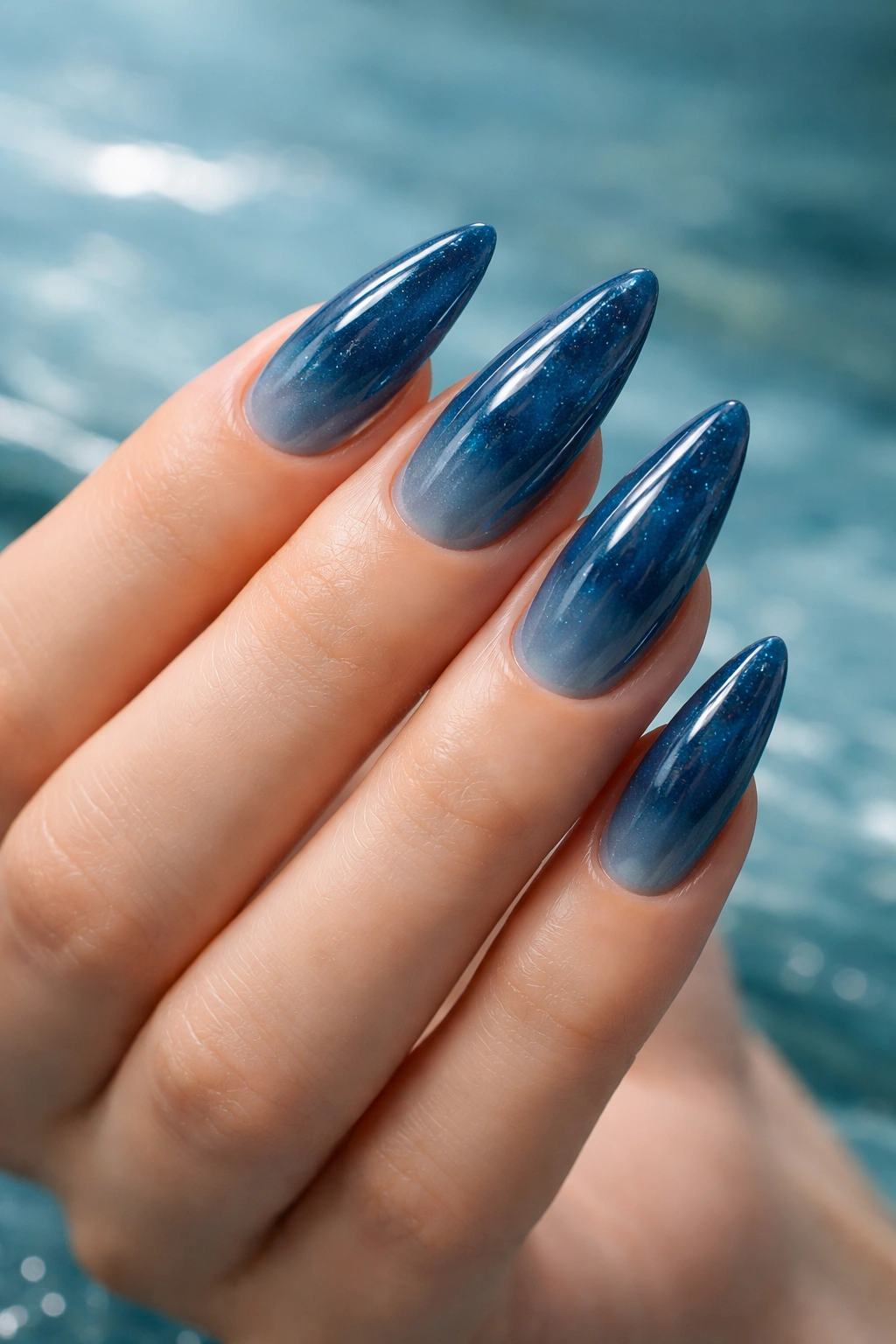 Deep sea jelly almond nails with translucent blue finish close-up