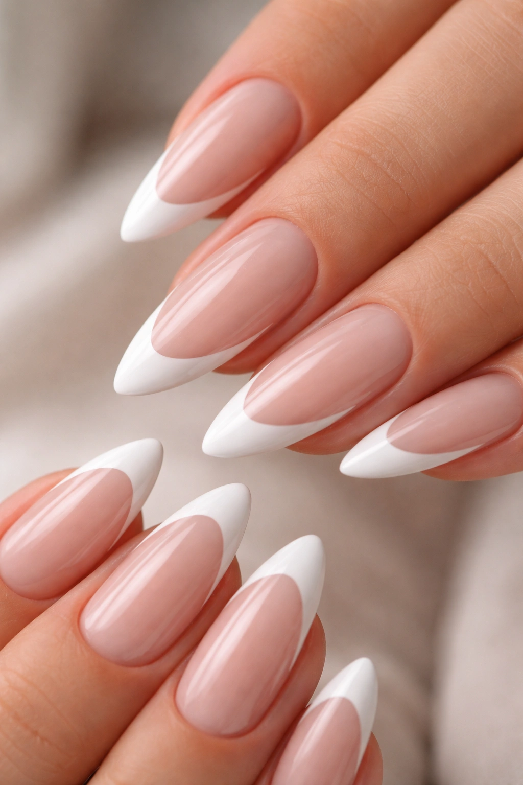 Close-up of almond nails with a deep smile line and white tips on a sheer base