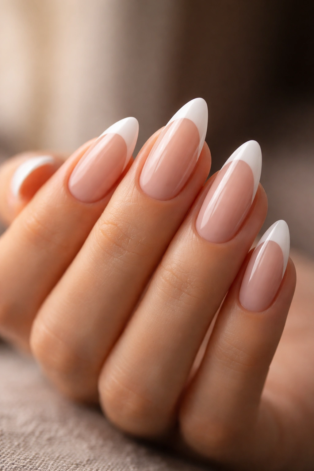 Almond nails with deep smile line French tips reinforcing length