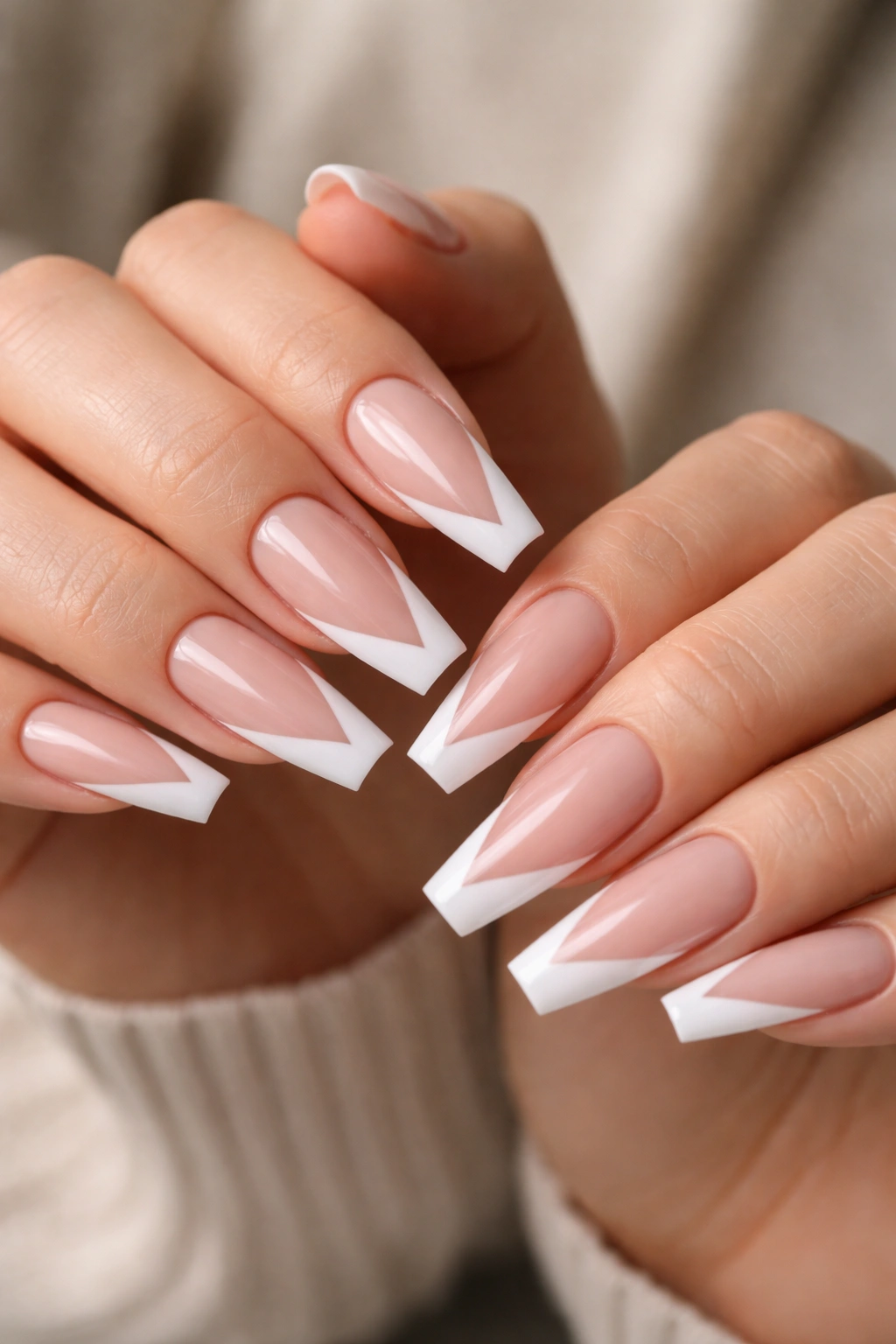 Close-up of coffin nails with a deep V French tip