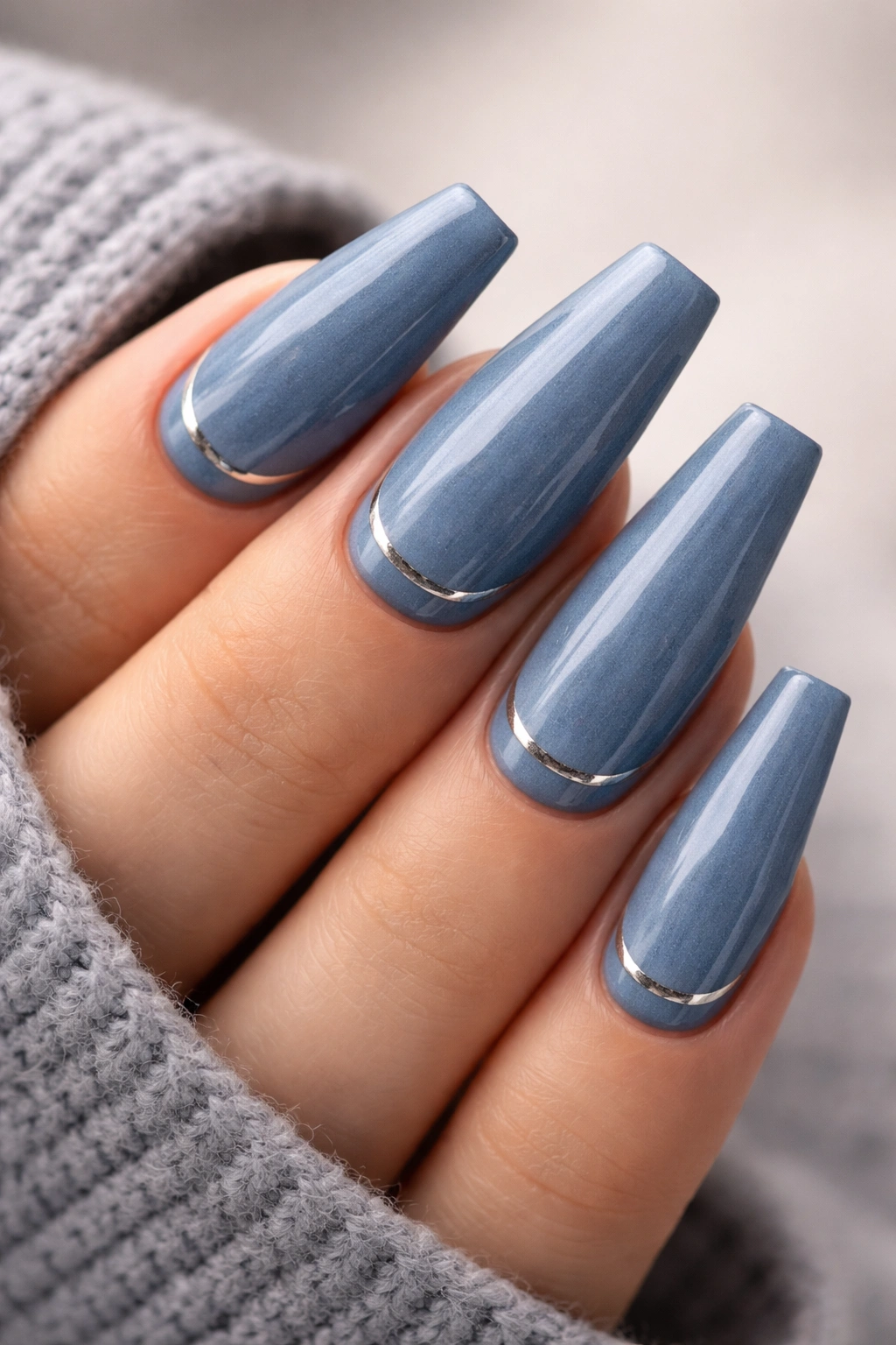 Dusty denim blue coffin nails with single silver line