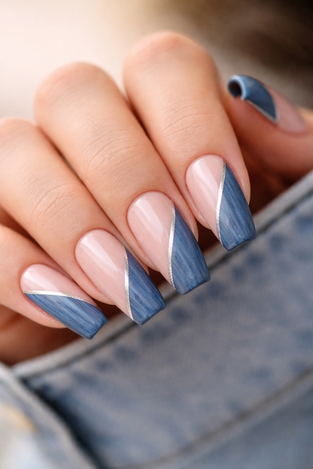 Medium coffin nails with a denim blue side-French design on a nude base