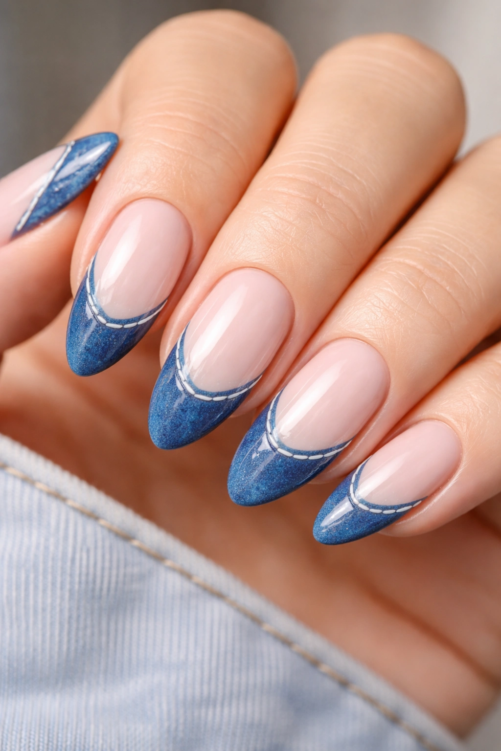 Close-up of almond nails with denim blue tips and white stitching