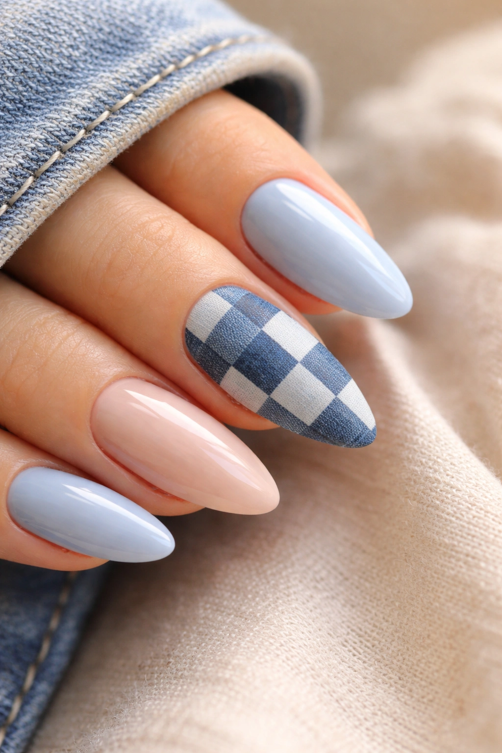 Almond nails with denim checkerboard pattern on one or two nails.