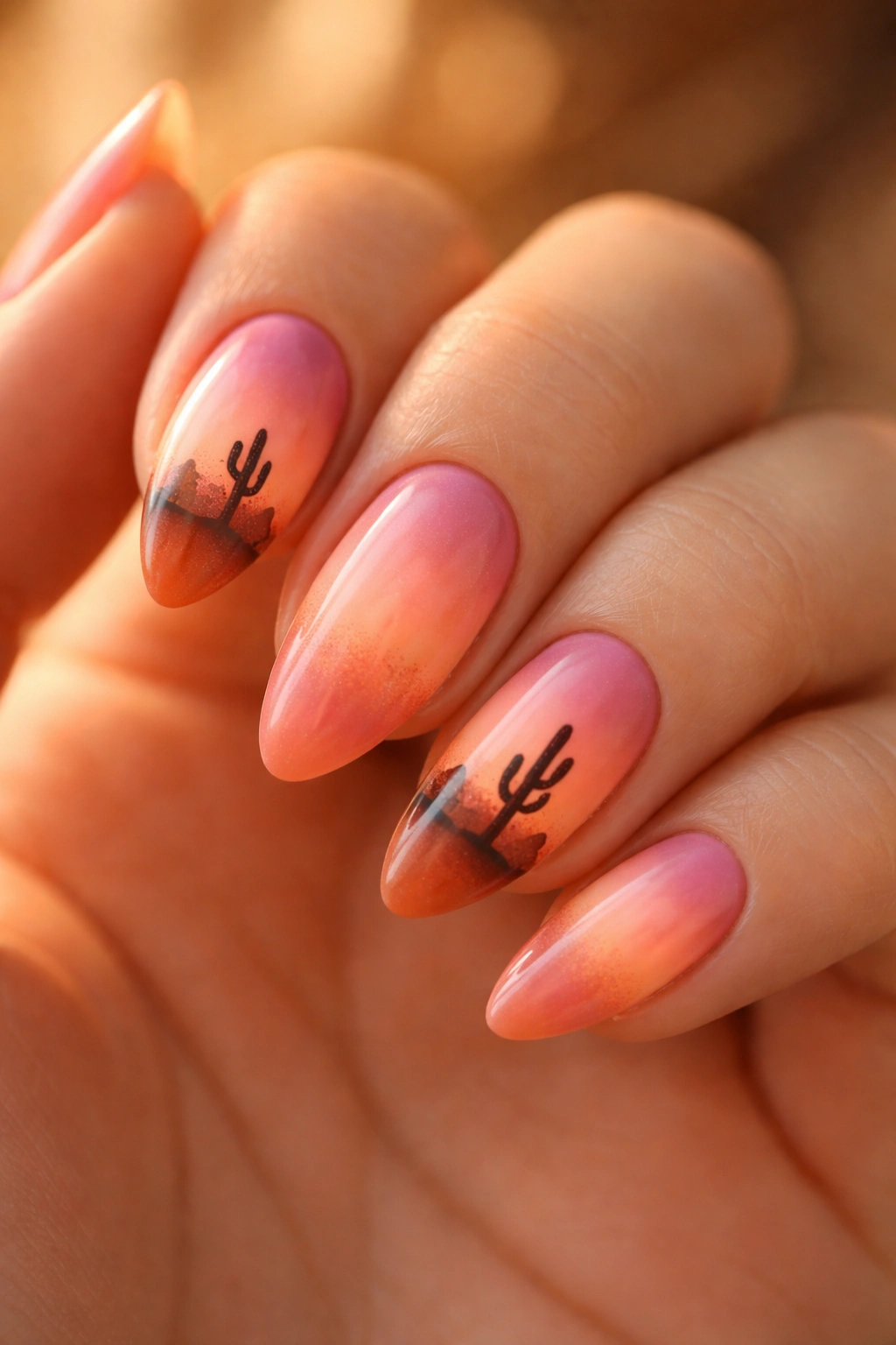 Almond nails featuring desert sunset ombre and tiny cactus silhouettes